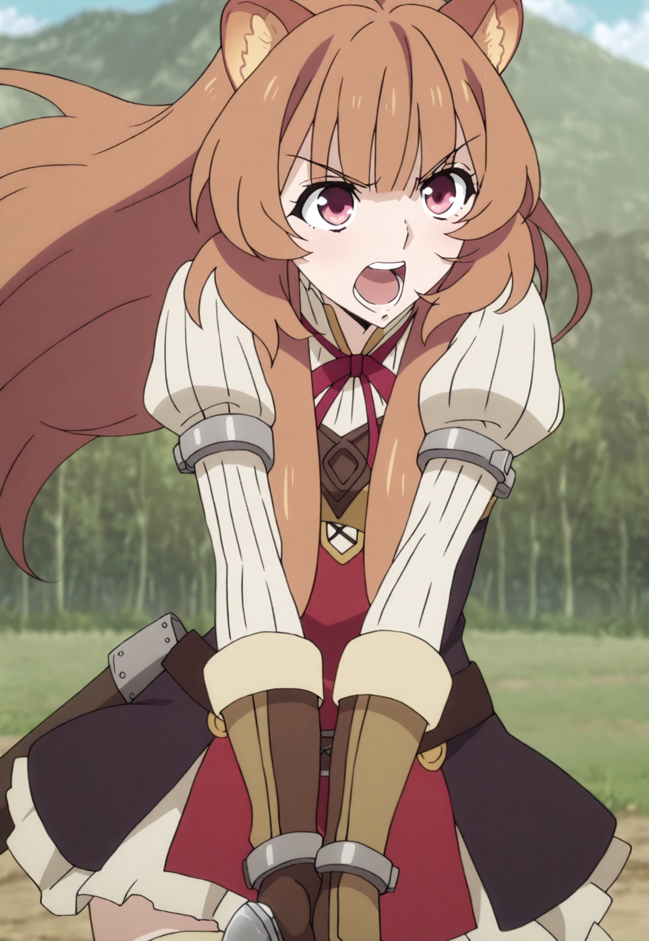 masterpiece, best quality, amazing quality, high quality, anime screenshot,  official art, expressive eyes, detailed hair flow,  intricate clothing folds, character accurate, 

[1girl, solo, raphtalia, long hair, bangs, brown hair, animal ears, raccoon ears, raccoon tail, raccoon girl, pink eyes, long sleeves, sweater, ribbed sweater, puffy sleeves, breastplate, ribbon, red ribbon, gauntlets, glove, brown gloves, belt, skirt, armor, thigh boots], 

scabbard, angry, open mouth, teeth, frown, standing, holding sword, fighting stance, v arms, floating hair, upper body, looking ahead, outdoors, tree, sky, day, cloud, mountain, blurry background, motion lines.
<lora:raphtalia:0.35>
<lora:raphtalia_illust_scarxzys:0.8>
<lora:Raphtalia:0.4>