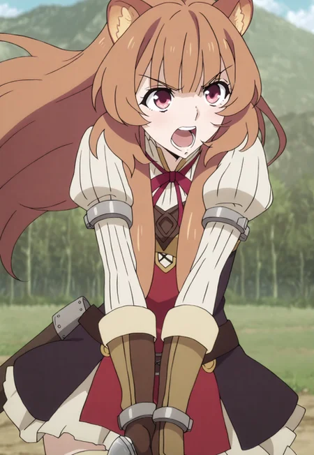 masterpiece, best quality, amazing quality, high quality, anime screenshot,  official art, expressive eyes, detailed hair flow,  intricate clothing folds, character accurate, 

[1girl, solo, raphtalia, long hair, bangs, brown hair, animal ears, raccoon ears, raccoon tail, raccoon girl, pink eyes, long sleeves, sweater, ribbed sweater, puffy sleeves, breastplate, ribbon, red ribbon, gauntlets, glove, brown gloves, belt, skirt, armor, thigh boots], 

scabbard, angry, open mouth, teeth, frown, standing, holding sword, fighting stance, v arms, floating hair, upper body, looking ahead, outdoors, tree, sky, day, cloud, mountain, blurry background, motion lines.
<lora:raphtalia:0.35>
<lora:raphtalia_illust_scarxzys:0.8>
<lora:Raphtalia:0.4>