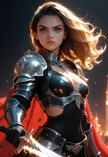 masterpiece, best quality, highres, realistic, best quality,
score_9, score_8_up, score_7_up,
BREAK,
1 girl, (wearing leather armour:1.2), knight, ((holding long sword:1.4)),
BREAK,
1 girl, castle, battlefield, ((wearing leather armour, warrior princess, stand with a sword, fighting pose, ripped leather)), grizzled, long hair, undercut, windswept cape, brown wavy hair, medium breasts, (long sword), close-up, very aesthetic, determined,
BREAK,
(head and shoulder photography:1.1), (portrait photography:0.7), dark background, dark light, shallow depth of field