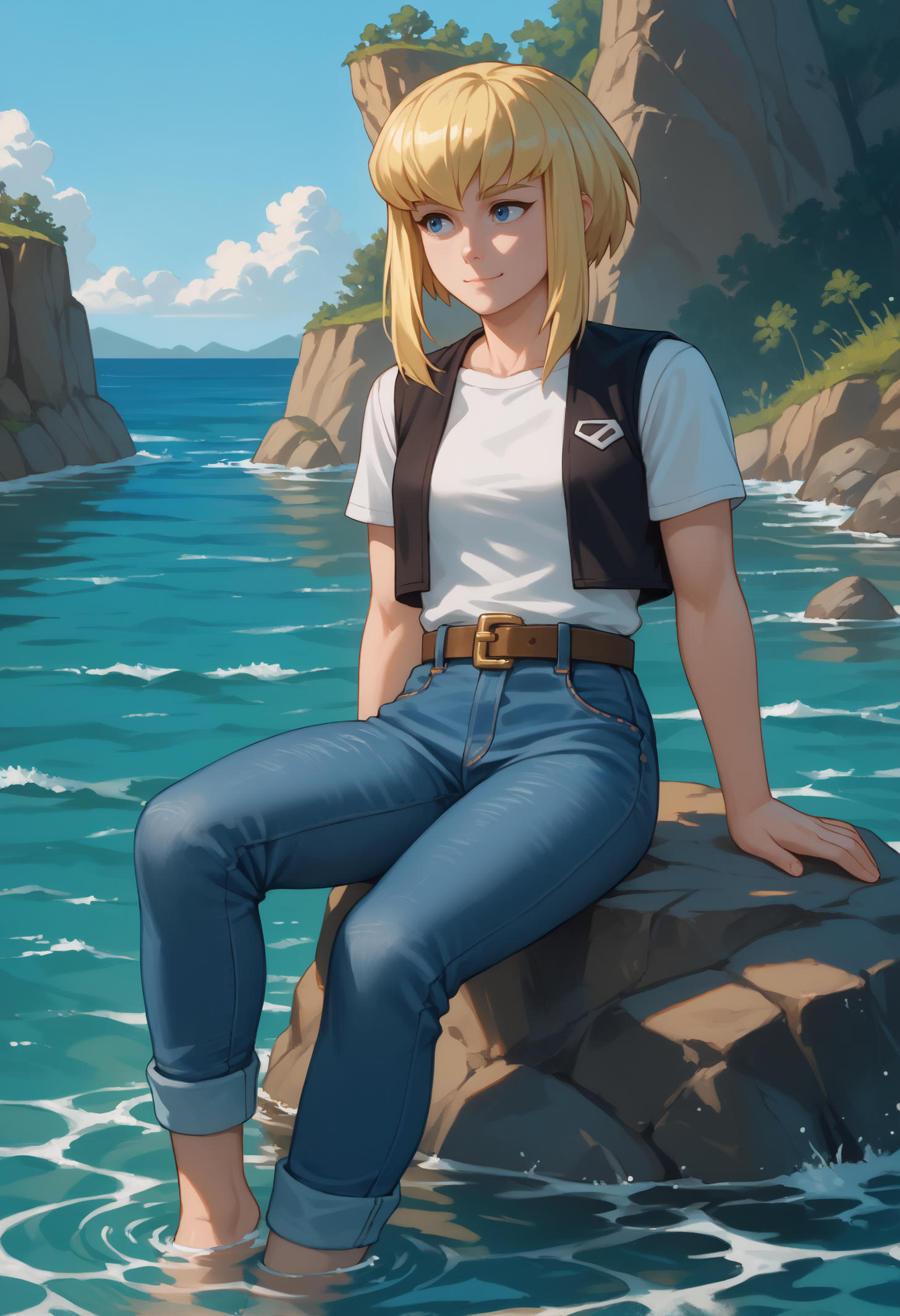 score_9, score_8_up, score_7_up, 1girl, solo, karazoreldef, blue eyes, short hair, blonde hair, medium breasts, toned, 
black vest, white t-shirt, belt, denim jeans,
light smile, sitting on rock, leaning back, looking afar, feet in water,
outdoors, cliffside, water, ocean, wide shot, 
<lora:Kara-Zor-ElPDXL_V1-Manityro-CAME:1.0>