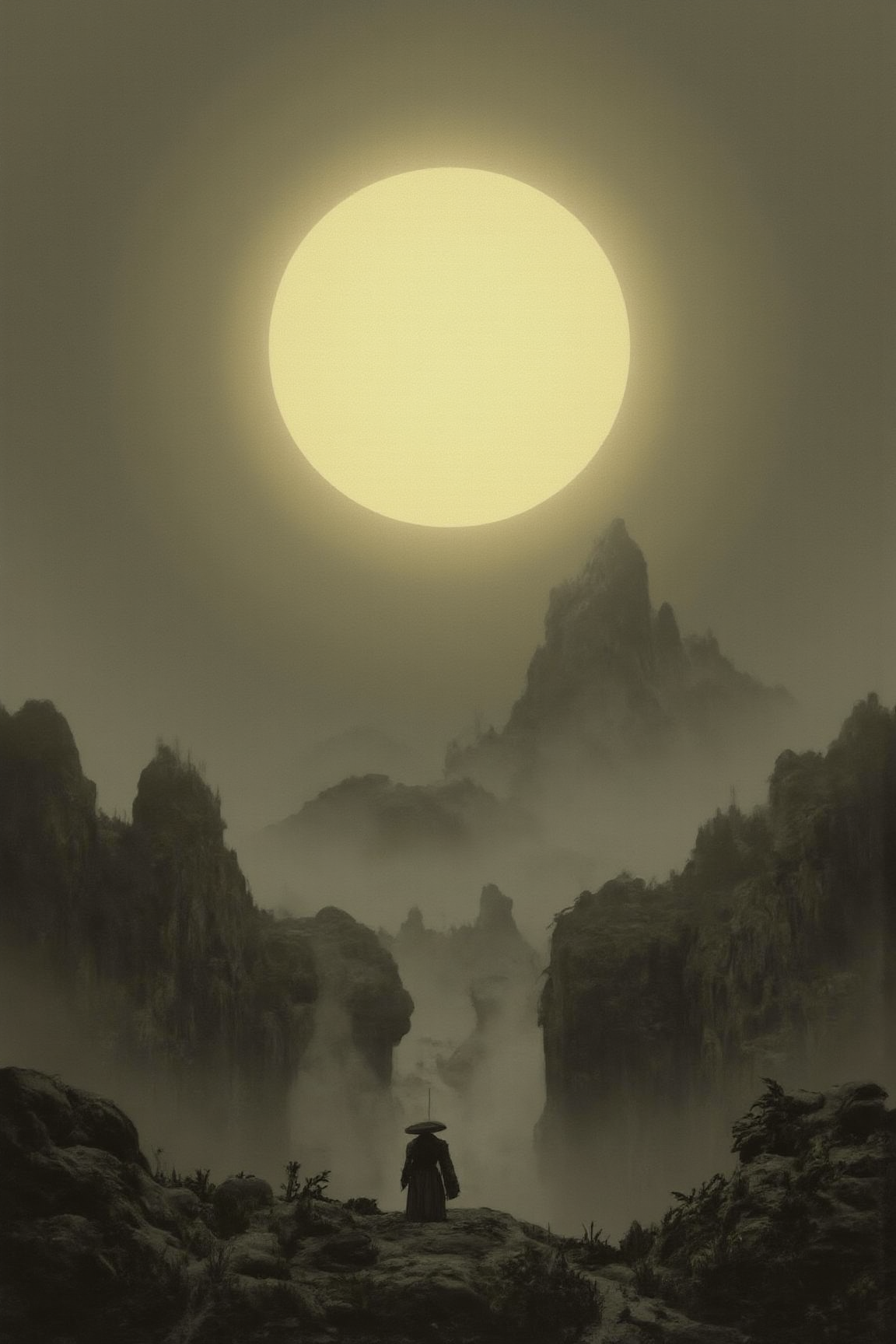 YFG-V1nt, A minimalist design depicting To those who Dwell in Realms of day in a thick fog with a warm golden glow. Traditional Japanese aesthetics are used in a contemporary style with clean lines and balanced composition.  The scene features subdued colors, organic shapes, and subtle textures.
