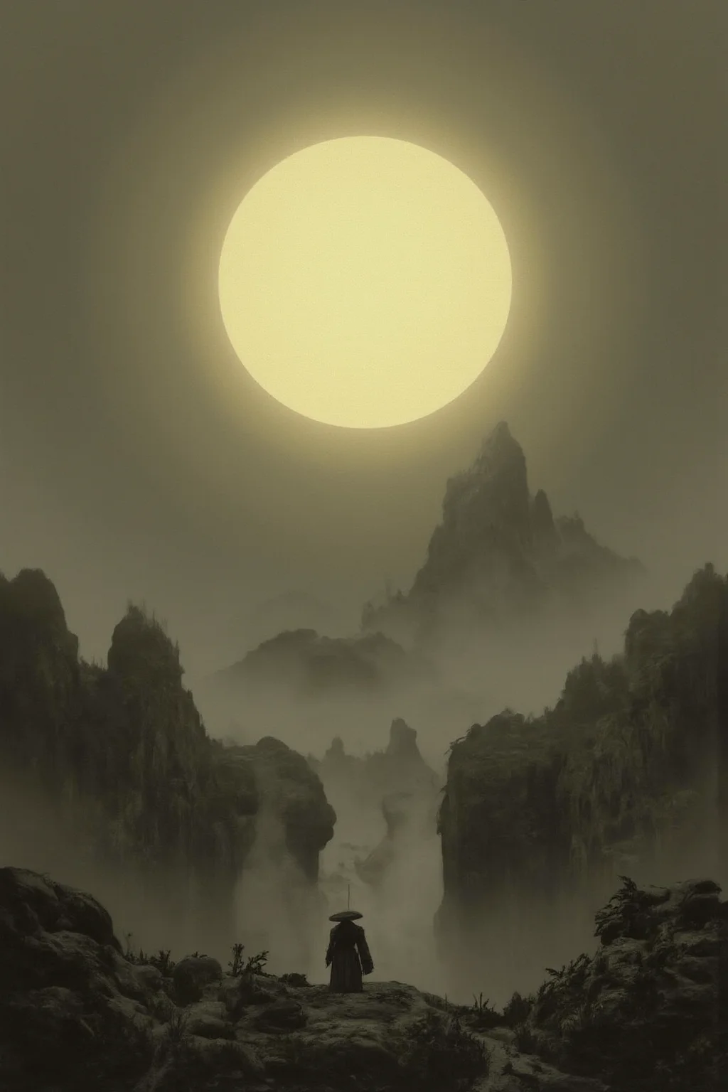YFG-V1nt, A minimalist design depicting To those who Dwell in Realms of day in a thick fog with a warm golden glow. Traditional Japanese aesthetics are used in a contemporary style with clean lines and balanced composition.  The scene features subdued colors, organic shapes, and subtle textures.