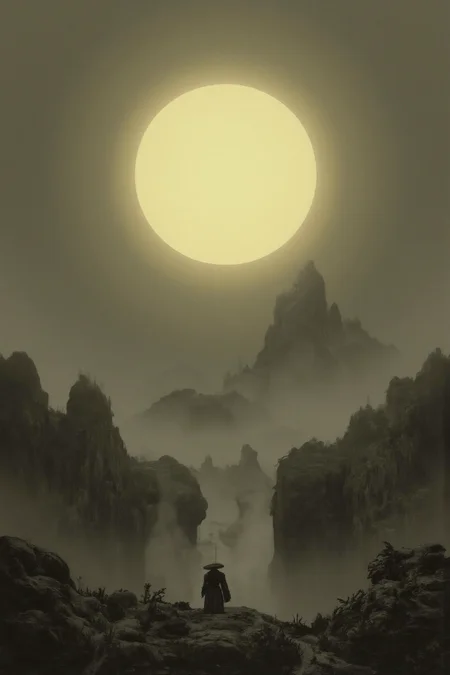 YFG-V1nt, A minimalist design depicting To those who Dwell in Realms of day in a thick fog with a warm golden glow. Traditional Japanese aesthetics are used in a contemporary style with clean lines and balanced composition. The scene features subdued colors, organic shapes, and subtle textures.