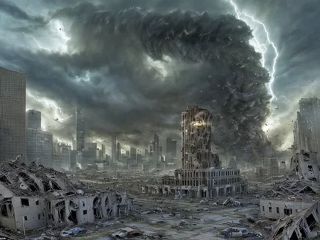 a detailed scaled (tornado raging over) a modern building in front of a (city in ruins:1.2).
 <lora:Wasteland:0.85> Wasteland, the, and, with, wasteland, background