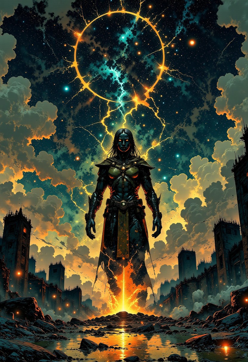 The Rotting Heavens – A Sky of Dying Gods
"The sky is a battlefield of fallen divinities—massive celestial corpses drift among the stars, their golden blood staining the void. Once-radiant halos flicker and shatter like broken glass, casting eerie light on a ruined city below. From the heavens, pieces of decayed god-flesh rain down, pulsating with dying whispers, infecting the land with divine madness. Those who touch them weep in tongues they do not know, their eyes filling with constellations that should not exist."