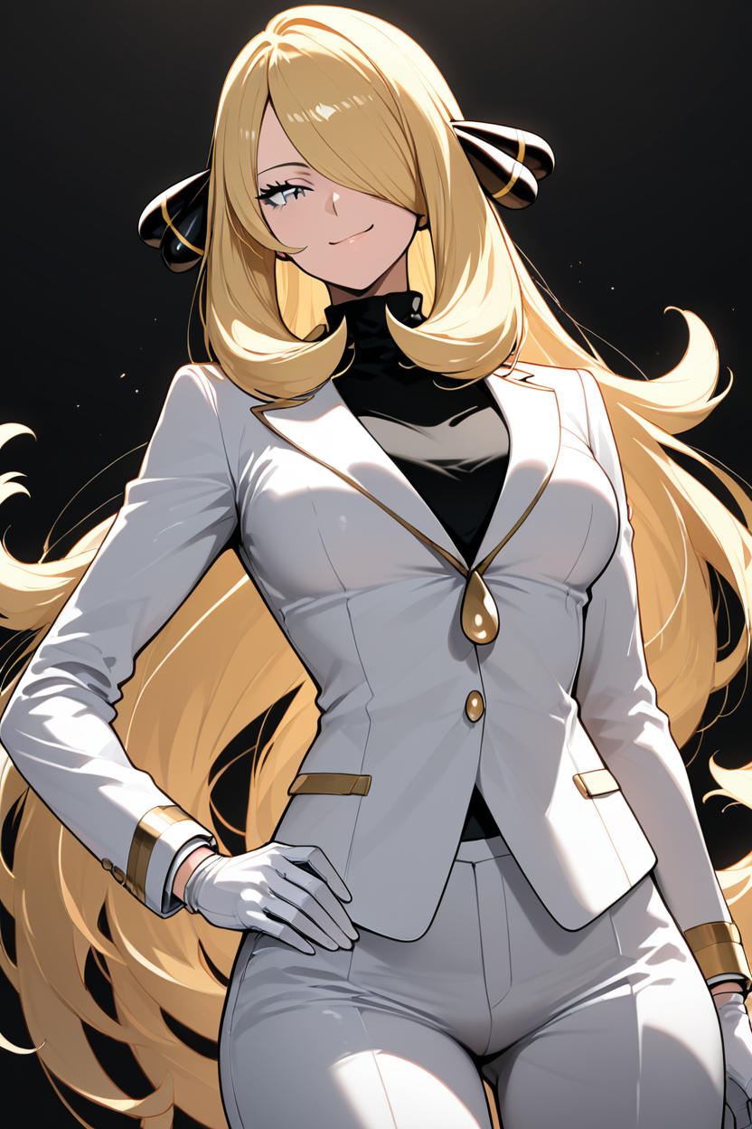 score_9, score_8_up, score_8, medium breasts, (curvy), cute, eyelashes,       ,,,  C007Citron, grey eyes, hair over one eye, blonde hair, hair ornament, long hair,  long sleeves, white gloves, white jacket, white pants, alternate costume, shirt,  <lora:Cynthia007PDXL:1>, cowboy shot, hand on hip, smug, smile, looking at viewer, shiny skin, embedding:zPDXL, Expressiveh, <lora:SDXLFaeTastic2400:0.5>,  <lora:Expressive_H-000001:0.4>,