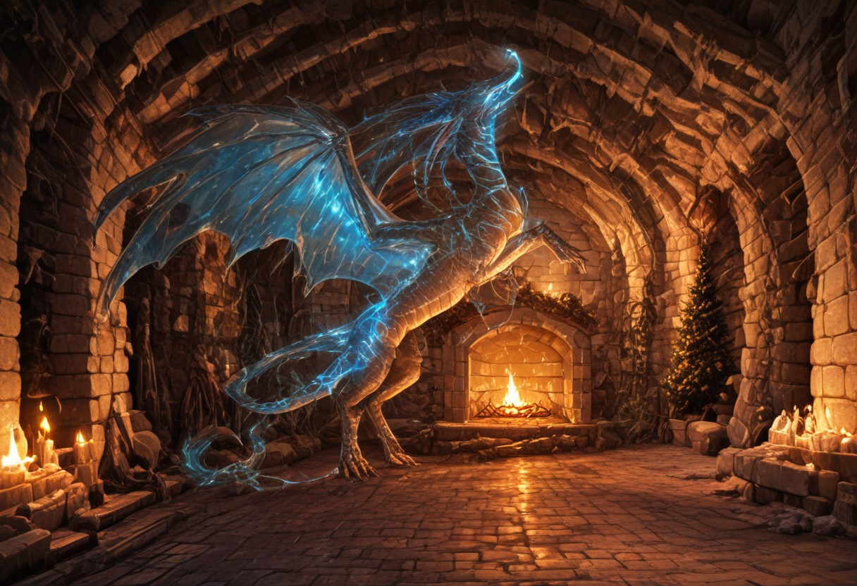 Dragon in Christmas cave, cave, festive cave, Christmas decorations, Christmas lights
(((Sparkling, Sparkly))) glowing dragon, christmas dragon, dragon wrapped in Christmas lights, glowing matrix, glowing Christmas lights, hyper realistic, photorealistic, HD, High detail, High detail eyes, high detail face, wings, glowing wings, light scales, glowing Christmas lights on wings, glowing light scales, tail, tail wrapped in Christmas lights, four legs, 
BREAK 
Snowy background