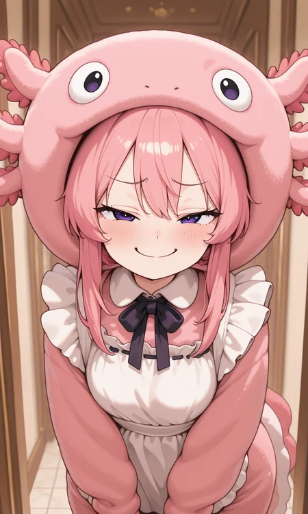 embedding:IllusP0s, axolotl costume, 1girl, smug, pink hair, purple eyes, maid outfit,<lora:CivChan.safetensors:0.8:0.8> <lora:axolotl costume_illustrious.safetensors:1.0:1.0>
