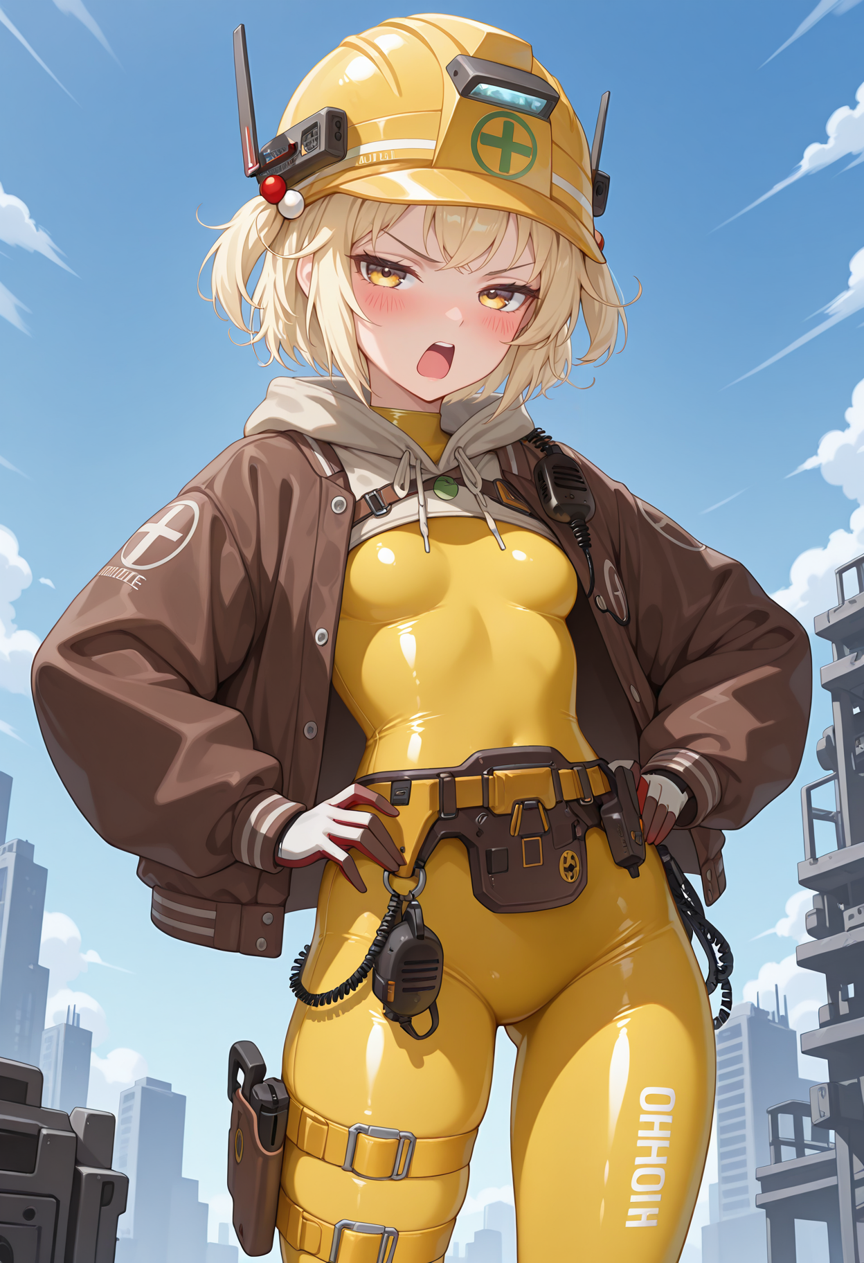 highres, best quality, masterpiece, outdoors, science fiction, 
1girl, solo, nkliter, blonde hair, short hair, two side up, yellow eyes,
literdef, yellow helmet, hair bobbles, yellow bodysuit, skin tight, brown jacket, drawstring, open jacket, hood, hood down, walkie-talkie, holster, utility belt, belt, two-tone gloves, thigh strap, 
looking at viewer, blush, angry, open mouth, half-closed eyes, 
hands on own hips, standing,
<lora:_liter_nikke-elesico-ilxl1b-000009:1>