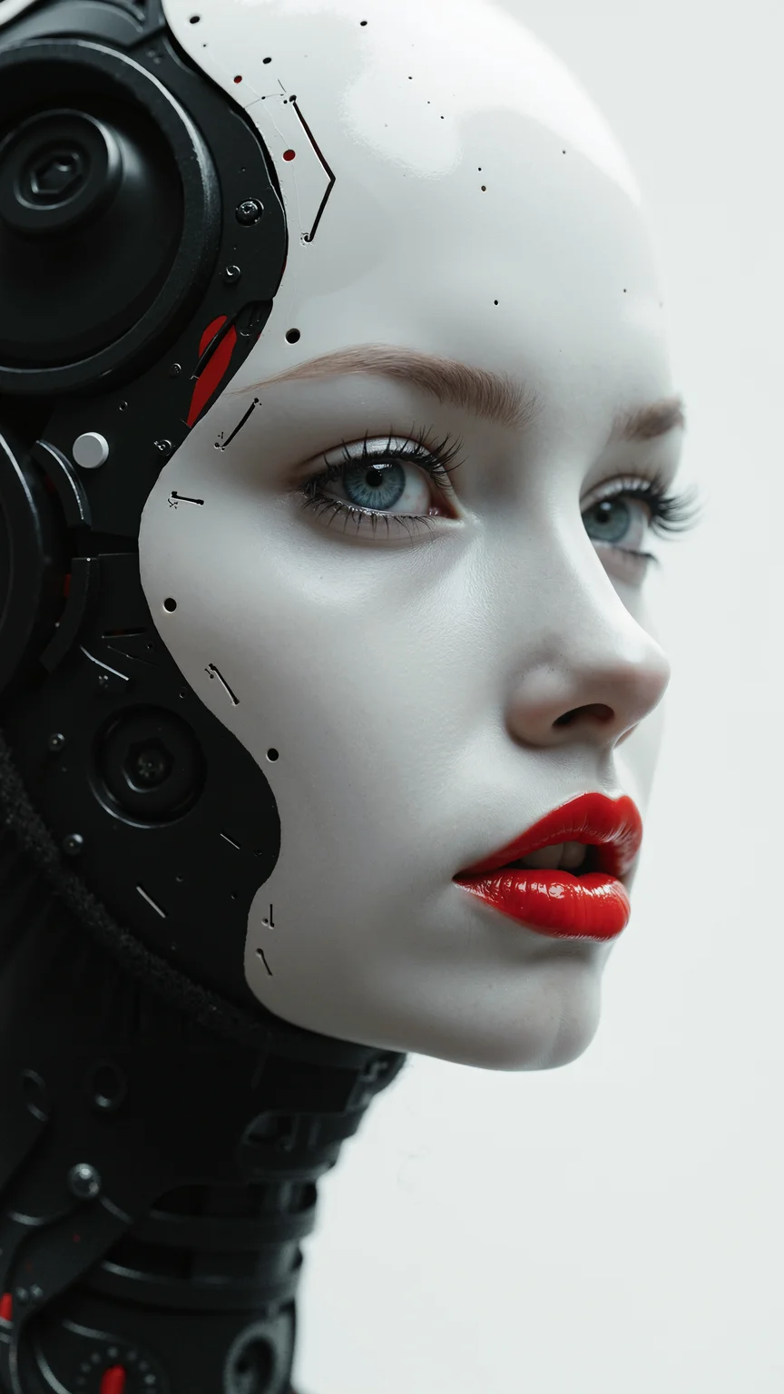 biomechanical cyberpunk A captivating minimalist, a shy and alluring woman. The left half of her face is visible, with her delicate features seamlessly merging into a blank canvas of white. Her soft, bright red lips contrast against the monochromatic background, drawing the viewer's attention. Her eyes hold a subtle, mysterious expression that exudes both haunting and enchanting vibes. The simplicity of the composition, with its stark contrast, evokes a sense of ethereal beauty. by Sasan. black background. . cybernetics, human-machine fusion, dystopian, organic meets artificial, dark, intricate, highly detailed