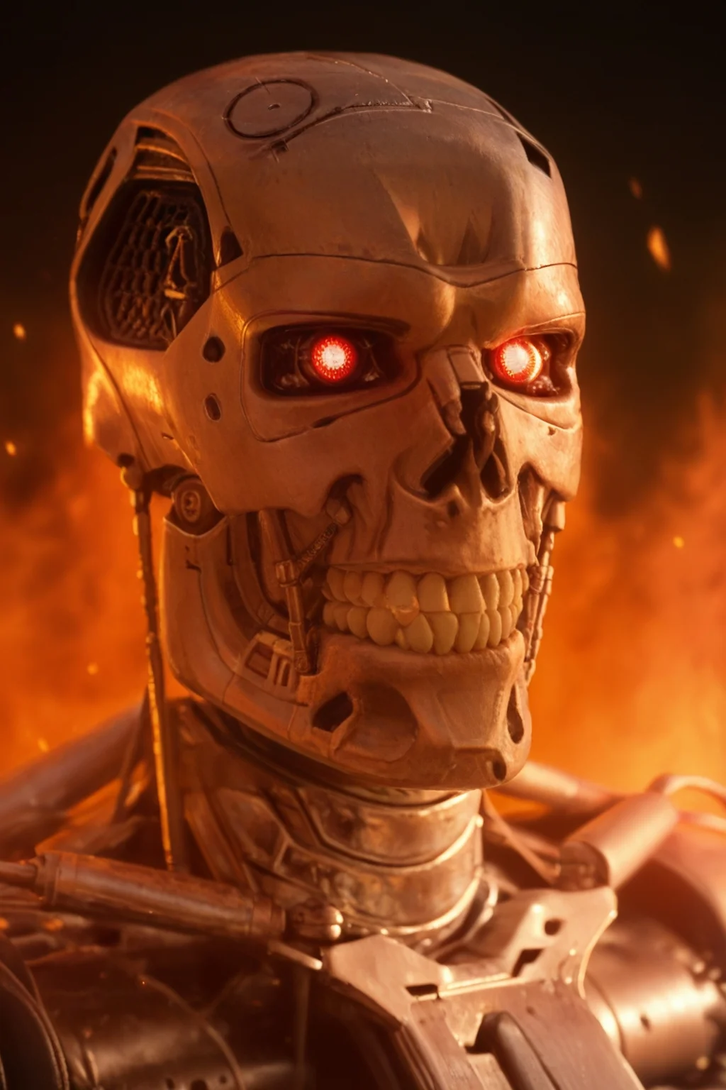 T800_Endo, Terminator robot, score_9, score_8_up, score_7_up, (source_IRL, source_movie), cinematic, realistic, masterpiece, high quality, highres RAW photo, ((close-up shot))
a T800_Endo Terminator Robot with glowing red eyes, he is made of metal, <lora:T800_Endo_Terminator_Pony_v1-000013:1>
(standing in flames)
black background, in flames, fire, flames and fire everywhere, there is so much fire
dynamic lighting, highly detailed, intricate details
