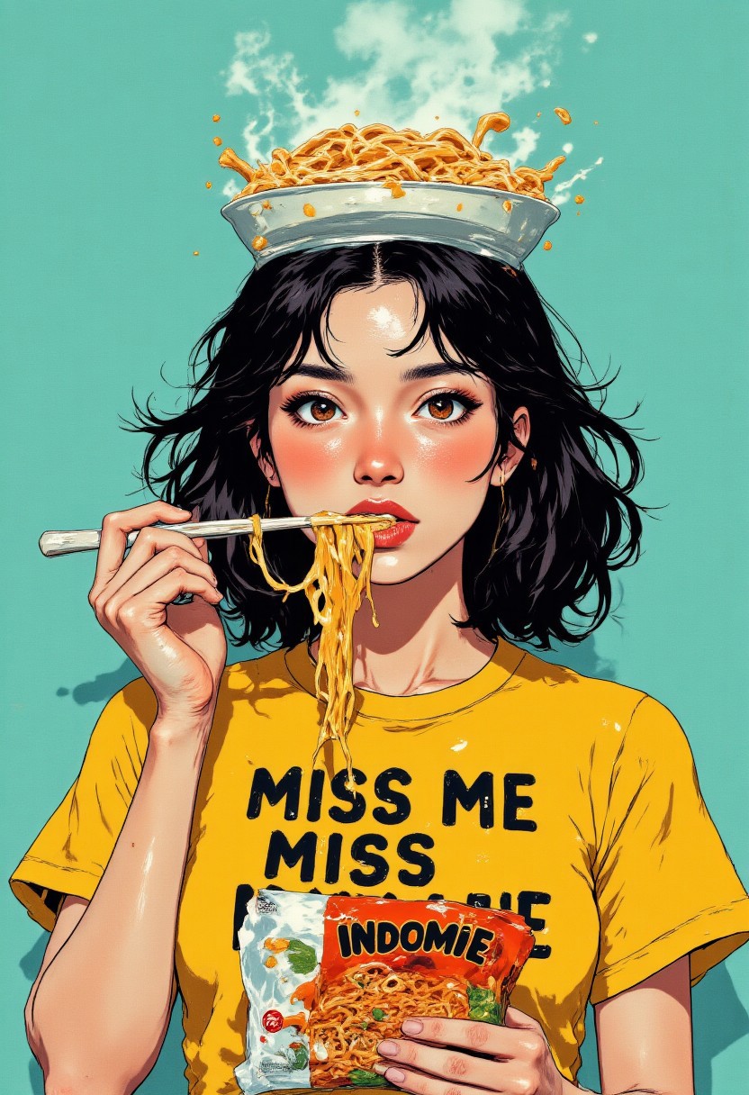 Upper body portrait of an Asian woman with shoulder-length, wavy black hair with subtle caramel highlights, styled in a tousled, effortless manner. She has bright, expressive almond-shaped eyes, defined brows, and wears minimal makeup with just a touch of peachy blush and glossy coral lips. Her expression is playfully mischievous yet seductive as she gazes directly at the viewer. She wears a fitted mustard-yellow t-shirt with the quirky phrase "MISS ME MISS INDOMIE" printed in bold black typography across the chest. She also holding a package of instant noodle with text "INDOMIE".
Against a clean, matte teal background, an INVERTED ramen bowl on her head like a hat, with the BOWL'S BOTTOM FACING UPWARD. The INVERTED BOWL sits at a slight angle, creating an unconventional yet stylish headpiece. She appears about to slurp this single noodle, her lips forming a subtle pucker. Small drops of broth cling to the noodles, catching the light like jewels. The lighting is bright and commercial, highlighting the steam rising from the hot noodles and giving the perfect food advertisement.