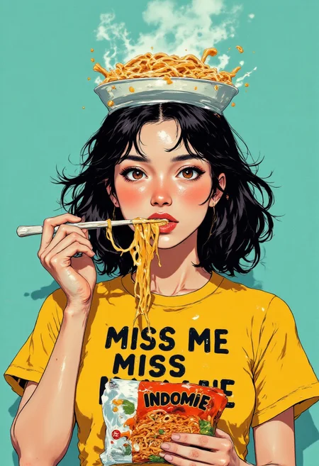 Upper body portrait of an Asian woman with shoulder-length, wavy black hair with subtle caramel highlights, styled in a tousled, effortless manner. She has bright, expressive almond-shaped eyes, defined brows, and wears minimal makeup with just a touch of peachy blush and glossy coral lips. Her expression is playfully mischievous yet seductive as she gazes directly at the viewer. She wears a fitted mustard-yellow t-shirt with the quirky phrase "MISS ME MISS INDOMIE" printed in bold black typography across the chest. She also holding a package of instant noodle with text "INDOMIE".
Against a clean, matte teal background, an INVERTED ramen bowl on her head like a hat, with the BOWL'S BOTTOM FACING UPWARD. The INVERTED BOWL sits at a slight angle, creating an unconventional yet stylish headpiece. She appears about to slurp this single noodle, her lips forming a subtle pucker. Small drops of broth cling to the noodles, catching the light like jewels. The lighting is bright and commercial, highlighting the steam rising from the hot noodles and giving the perfect food advertisement.
