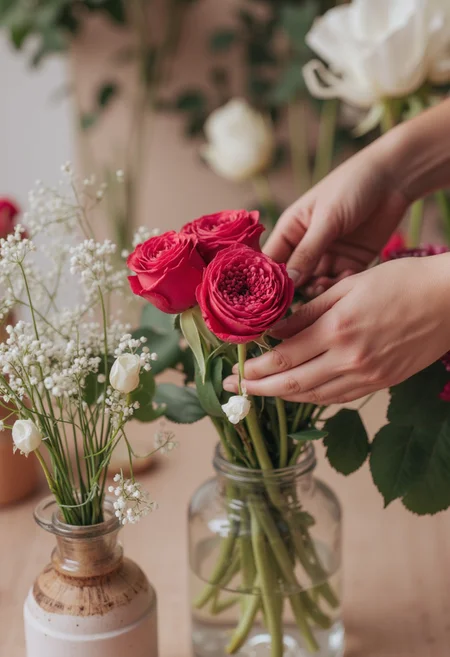 closeup female hands make modern bouquet on floral shop; florist workplace; realistic, realistic hands anatomy