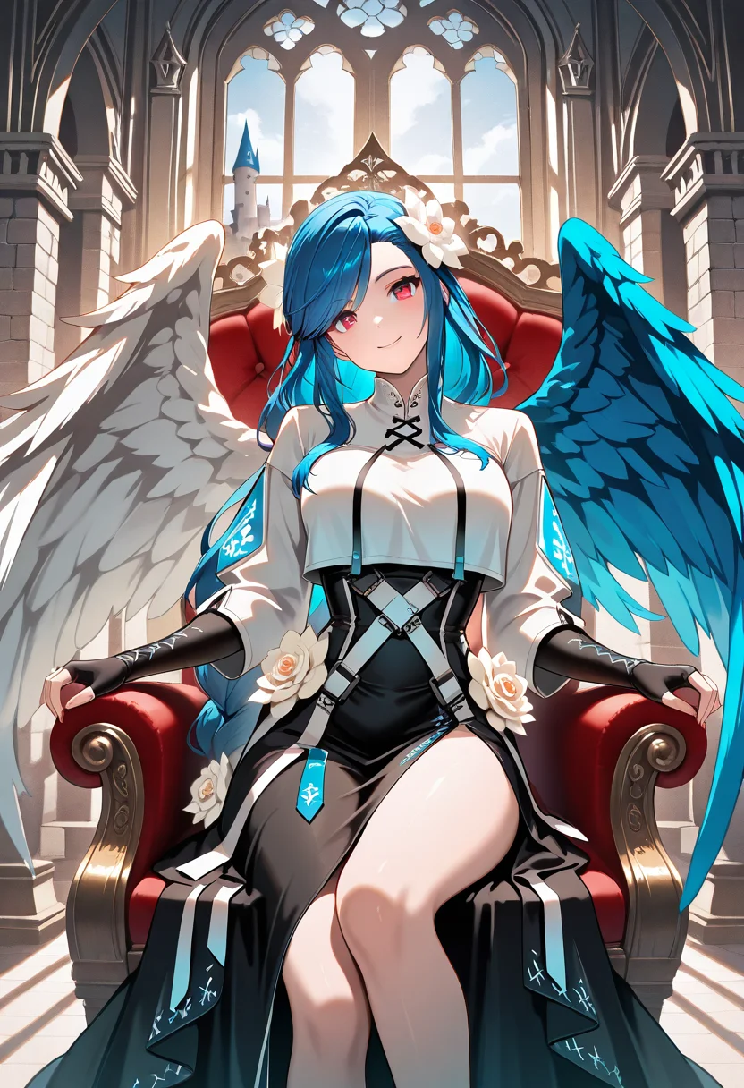 masterpiece, best quality, newest, absurdres, highres ,<lora:DizzyGGIllustrious:0.9>, GGSTRVDZY, blue hair,long hair, hair flower, red eyes, white cropped vest, elbow gloves, fingerless gloves, black skirt, dress flower, castle, large window, , smile, 1girl, solo, indoors, large window, castle, throne, sitting, head tilt, frills, side slit, looking at viewer, asymmetrical wings,