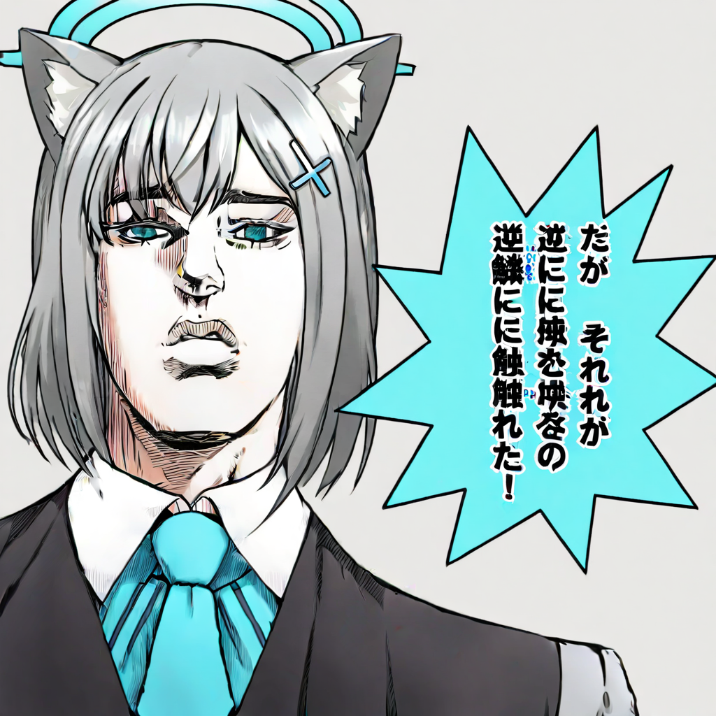 <lora:WekapiposSistersHusband_SDXL-000040:1>wekapiposh, solo, looking at viewer, araki hirohiko (style), 1girl, shiroko \(blue archive\), blue archive, cat ear, white background, simple background