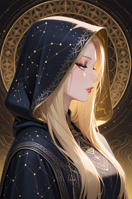 embedding:lazympos, A digital artwork portraying a profile view of a woman with a serene expression. She is adorned in a hooded cloak, which is intricately detailed with golden patterns and symbols. The background is a textured, golden-yellow hue, which contrasts with the dark silhouette of the woman. The womann's makeup is subtle, with a focus on her eyes and lips, which are accentuated with a soft pink shade. The overall style of the artwork leans towards a blend of realism and fantasy, with the gold patterns adding a touch of elegance and sophistication. The golden patterns are intricate. The background is uniform in color. The silhouette is dark. The pink shade is soft. The cloak is hooded. 1girl, solo, long_hair, blonde_hair, upper_body, parted_lips, artist_name, hood, from_side, lips, eyelashes, profile, makeup, half-closed_eyes, lipstick, eyeshadow, hood_up, nose, red_lips, constellation