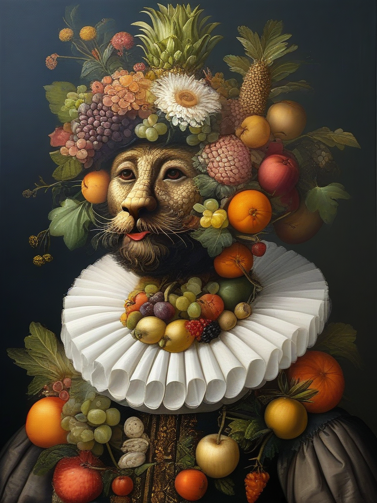 masterpiece,best quality,oil painting,illustration,bear,style of Giuseppe Arcimboldo,fruits,vegetables,flowers,fish and books,<lora:tbh108-sdxl:0.9>,