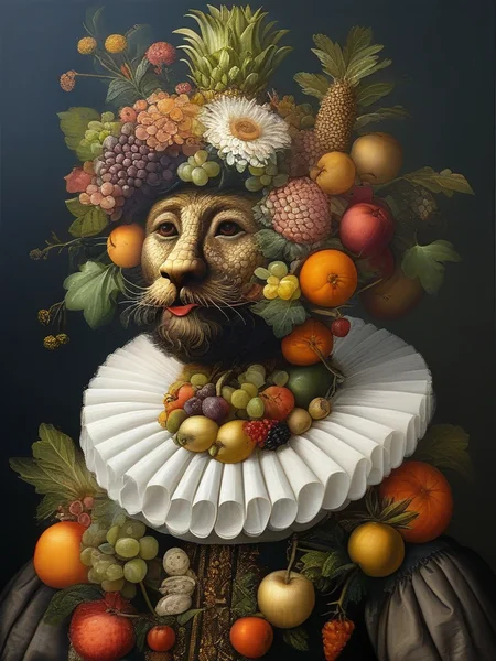 masterpiece,best quality,oil painting,illustration,bear,style of Giuseppe Arcimboldo,fruits,vegetables,flowers,fish and books,<lora:tbh108-sdxl:0.9>,