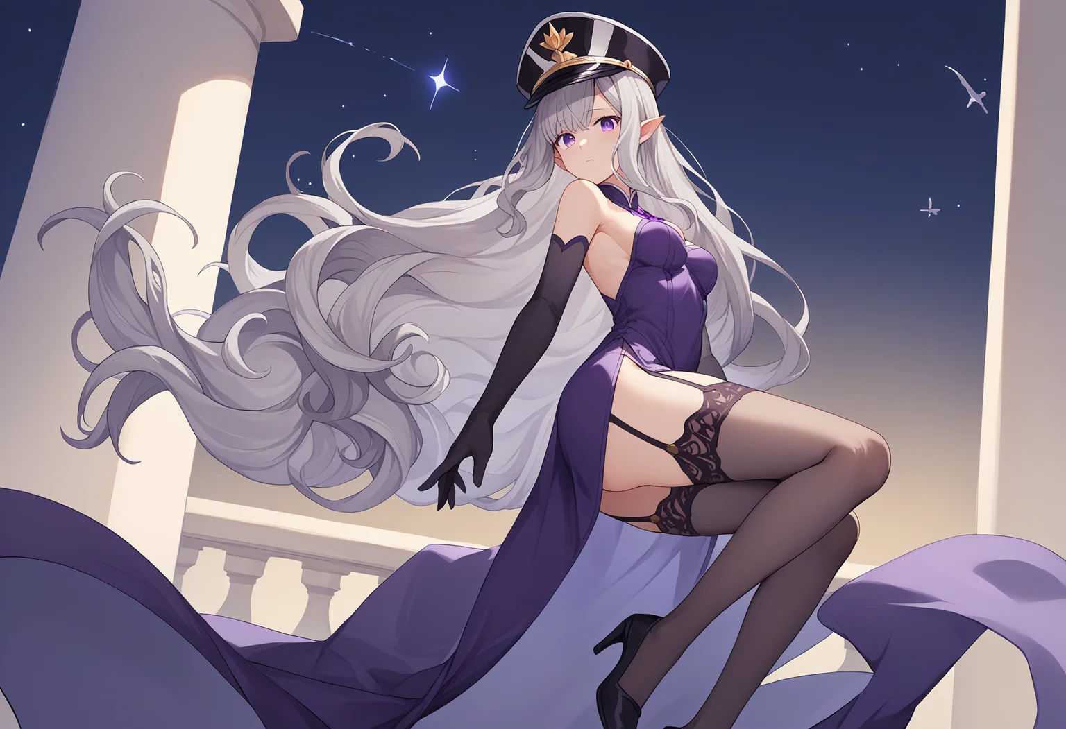 score_9, score_8_up, score_7_up, source_anime, rating_explicit,
BREAK
<lora:shiAzurLaneV2:1.0>,
shisplashart,
side slit, purple dress, high heels, elbow gloves, pantyhose, long dress, bare shoulders, jewelry, peaked cap,
1girl, solo,
<lora:shiEmiliaV2:0.8> emirng, long hair, grey hair, purple eyes, pointy ears, tiara, wavy hair, very long hair, floating hair, night sky, garter straps,