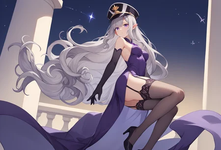 score_9, score_8_up, score_7_up, source_anime, rating_explicit,
BREAK
<lora:shiAzurLaneV2:1.0>,
shisplashart,
side slit, purple dress, high heels, elbow gloves, pantyhose, long dress, bare shoulders, jewelry, peaked cap,
1girl, solo,
<lora:shiEmiliaV2:0.8> emirng, long hair, grey hair, purple eyes, pointy ears, tiara, wavy hair, very long hair, floating hair, night sky, garter straps,
