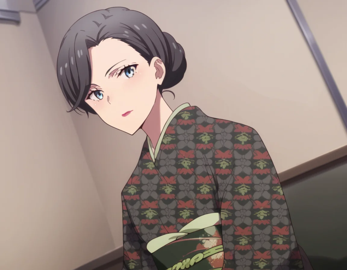 score_9, score_8_up, score_7_up, source_anime,
motheryukinoshita, <lora:mother-yukinoshita-s3-ponyxl-lora-nochekaiser:1>,
mother yukinoshita, short hair, blue eyes, black hair, hair bun, single hair bun, hair up,
japanese clothes, kimono, sash, makeup, obi, floral print, lipstick, black kimono,
indoors, bed, bed room, on side, blush, drunk,
looking at viewer, cowboy shot, dutch angle, solo,
