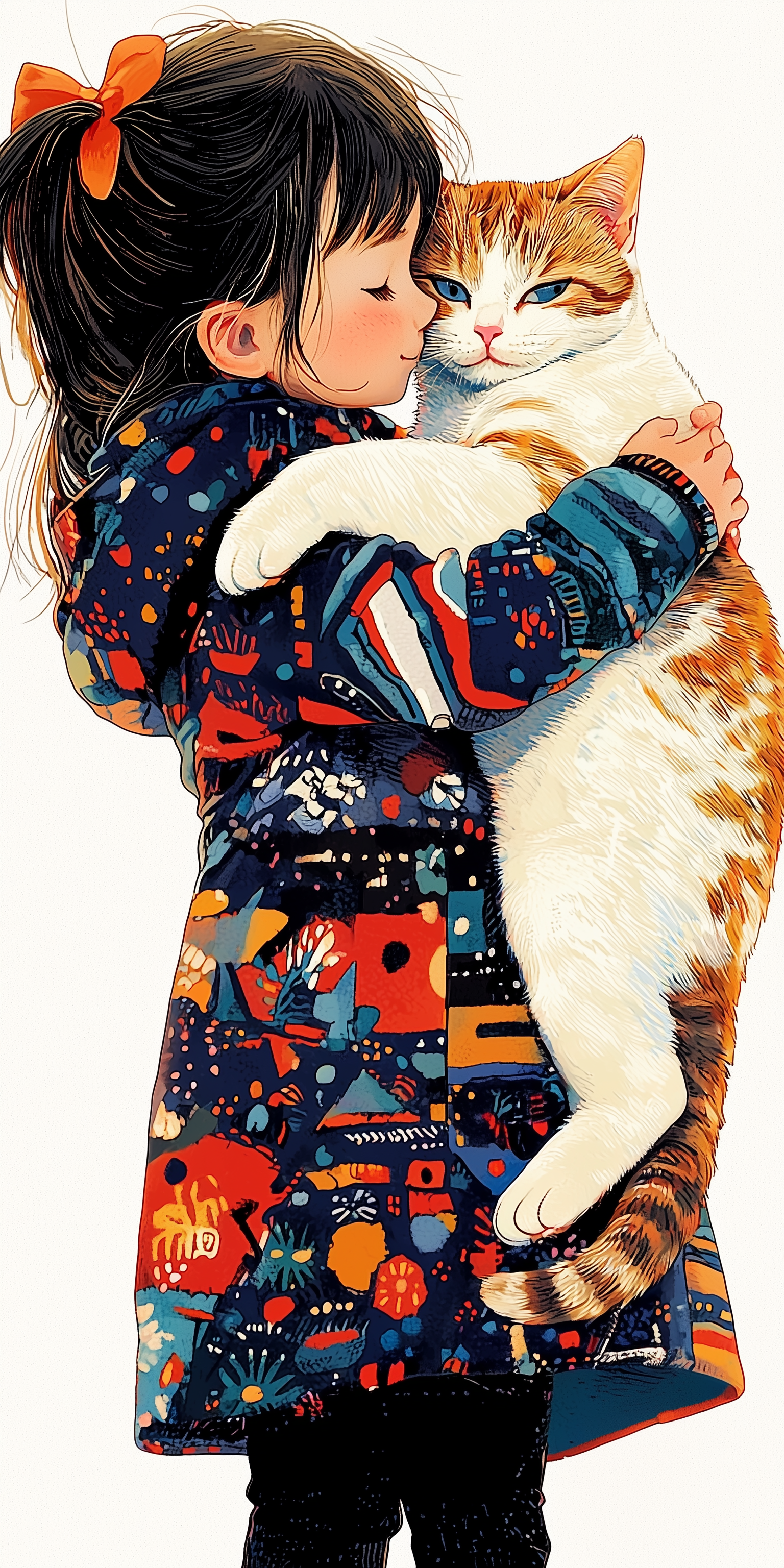 a cute little girl holding a cat, --chaos 4 --ar 1:2 --style raw --sref 1485775505 --p --sw 10 --stylize 250