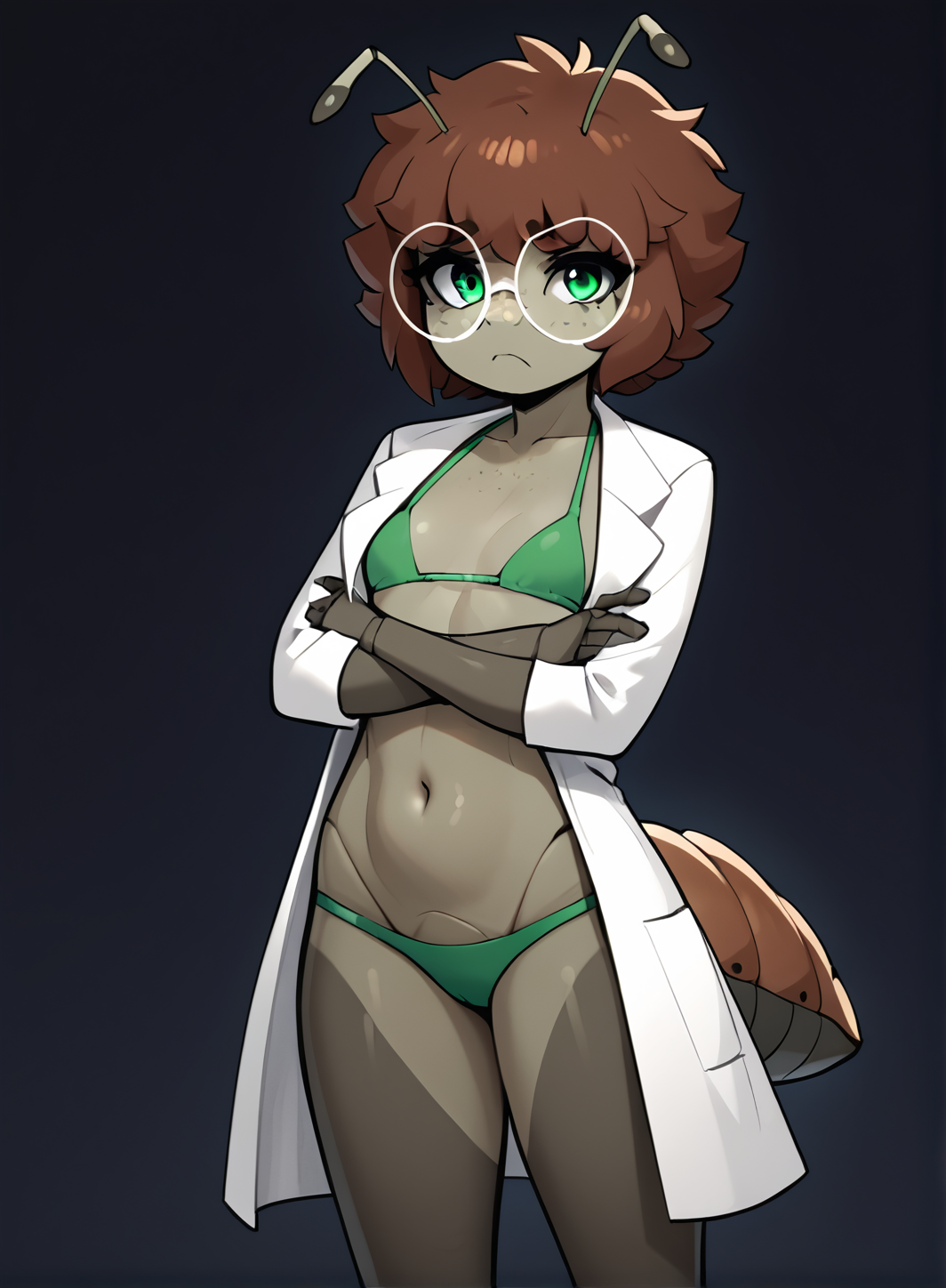 score_9, score_8_up, score_7_up, score_4_up, score_5_up, score_6_up,<lora:Bug_Girl:0.5>, arthropod girl, arthropod limbs, ((tail)), feelers, joints, <lora:Arthropod_Abdomen_V3:0.3> anthropomorphic insect, arthropod abdomen, brown hair, green eyes, freckles, body freckles, (navel),  petite, small breasts, colored skin, dark background, looking at viewer
loose clothes, open lab coat, glasses, dark green bikini, dark green bikini top, dark green bikini bottom,
(disapproval, frown, crossed arms,  ), expressive pose,
standing, cowboy shot,