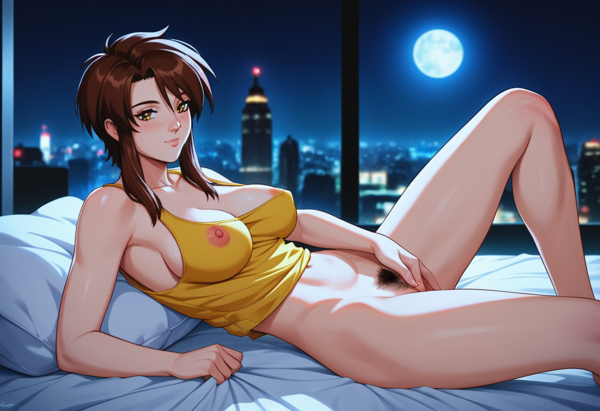 score_9, score_8_up, score_7_up, score_6_up, rating_explicit, contrast of cool dark background with warm bright foreground, full color, night, city light, volumetric moonlight, depth of field
neo-tokyo Aesthetic, modern bedroom Aesthetic, Blurry Background, cyber city view, stary night, full moon, light rays, beautiful natural lighting, glow, light,
<lora:Priss Asagiri _ Bubblegum Crisis Tokyo 2040_epoch_10:1>, Priss, sidelocks, retro artstyle, oversize yellow tank top, open shirt, grey underwear,
{petite body, athletic body, medium breasts, perfect round firm tits, medium round perfect tits, (medium Breasts:0.8), long legs, perfect anatomy, perfect face, perfect nose, detailed eyes, beautiful eyes, perfect eyes, perfect breasts, anatomically correct hands:1.3},
cute, side view, from side,
sitting in bed, posing, nipple slip, exposed breast, 1breast out of shirt, see through panties, (pubic hair:1.3), white pillows, white sheets, Tokyo cityscape, city lights, nsfw, (masturbating:1.3), fingers in pussy,
