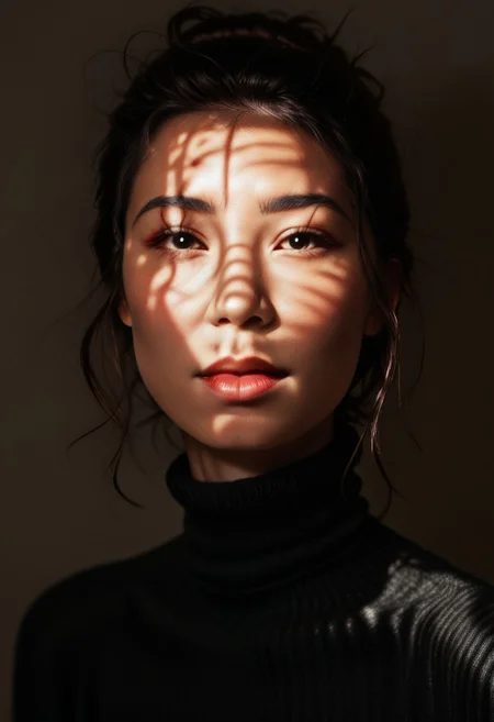 score_9, score_8_up, score_7_up, score_6_up, photorealistic, DRKDL, dramatic lighting, low key,  dark theme, spot color, shadows,
BREAK 
<('karen': ('Pretty Face'+'Manic Pixie'+'asian features'+'red lips',
'looking at viewer'+'black turtleneck'))>,