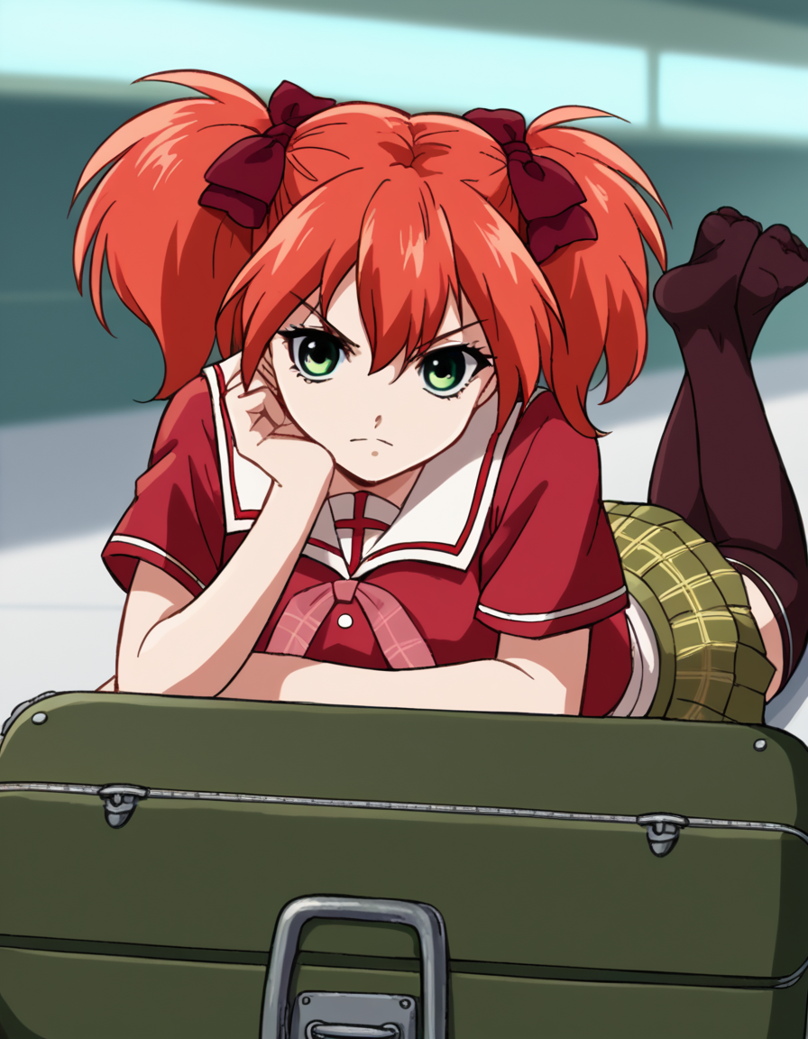 score_9, score_8_up, score_7_up, source_anime, <lora:kokoa-shuzen-s2-ponyxl-lora-nochekaiser:1>, kokoa shuzen, twintails, green eyes, red hair, hair bow, short hair,, skirt, thighhighs, school uniform, black thighhighs, plaid, serafuku, red shirt, short sleeves,, airport, waiting area, suitcase, flight delayed, passengers, reading book, , <lora:the-pose-ponyxl-lora-nochekaiser:1>, the pose, on stomach, feet up, lying, soles, feet, legs up, head rest, barefoot, looking at viewer, solo,, dutch angle, cowboy shot