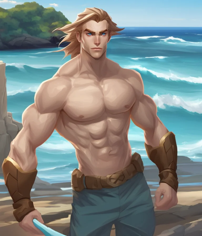 CharHelper, digital anime painting, muscular blond young man, blue eyes, character portrait, artwork by Loish and wlop, smooth, sharp focus
