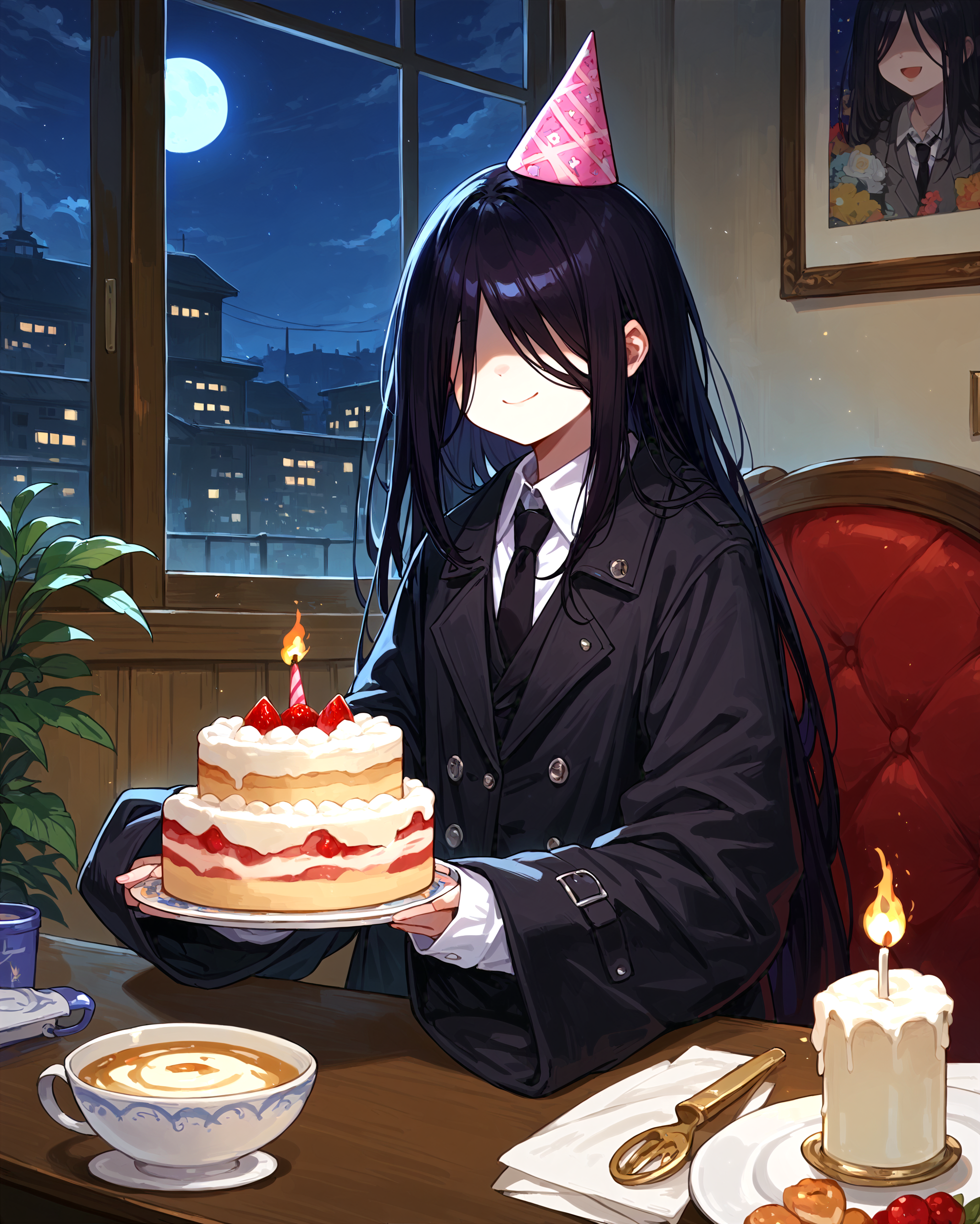 score_9, score_8_up, score_7_up, source_anime, <lora:[PonyXL] Martina (Nikto_kon):1> 1girl, solo, MartinaLOR, black hair, long hair, hair over eyes, (no eyes), white shirt, black necktie, black jacket, black coat, long coat, (sleeves past fingers:1.4), birthday hat, table, small birthday cake, lit cake candle, low light, close-up, indoors, front view, dark, night, smiling,