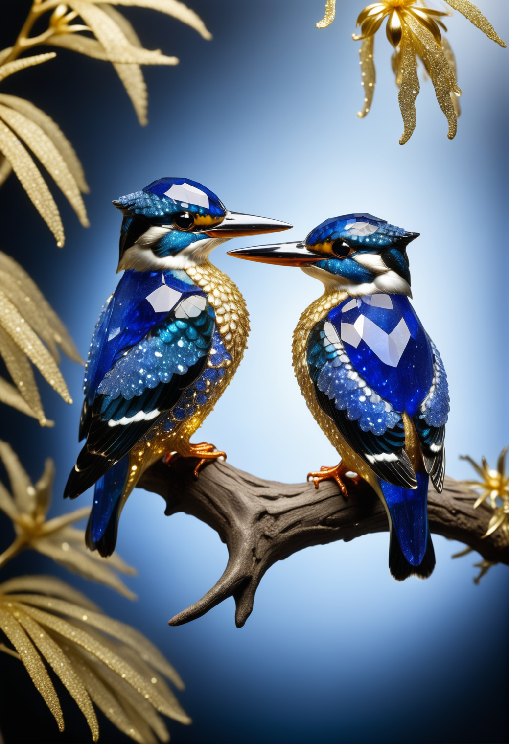 a kingfisher couple made out of reij-strsphr, sitting on a branch covered in stardust, Photograph, shallow depth of field, Fujicolor Pro 400H, Depth of field 270mm, masterpiece, UHD, sharp and in focus, <lora:stardustsapphire-000006:1>, advanced cinematic perfect light, dynamic dramatic beautiful full taking, epic composition, handsome, cinematic, delicate, pure