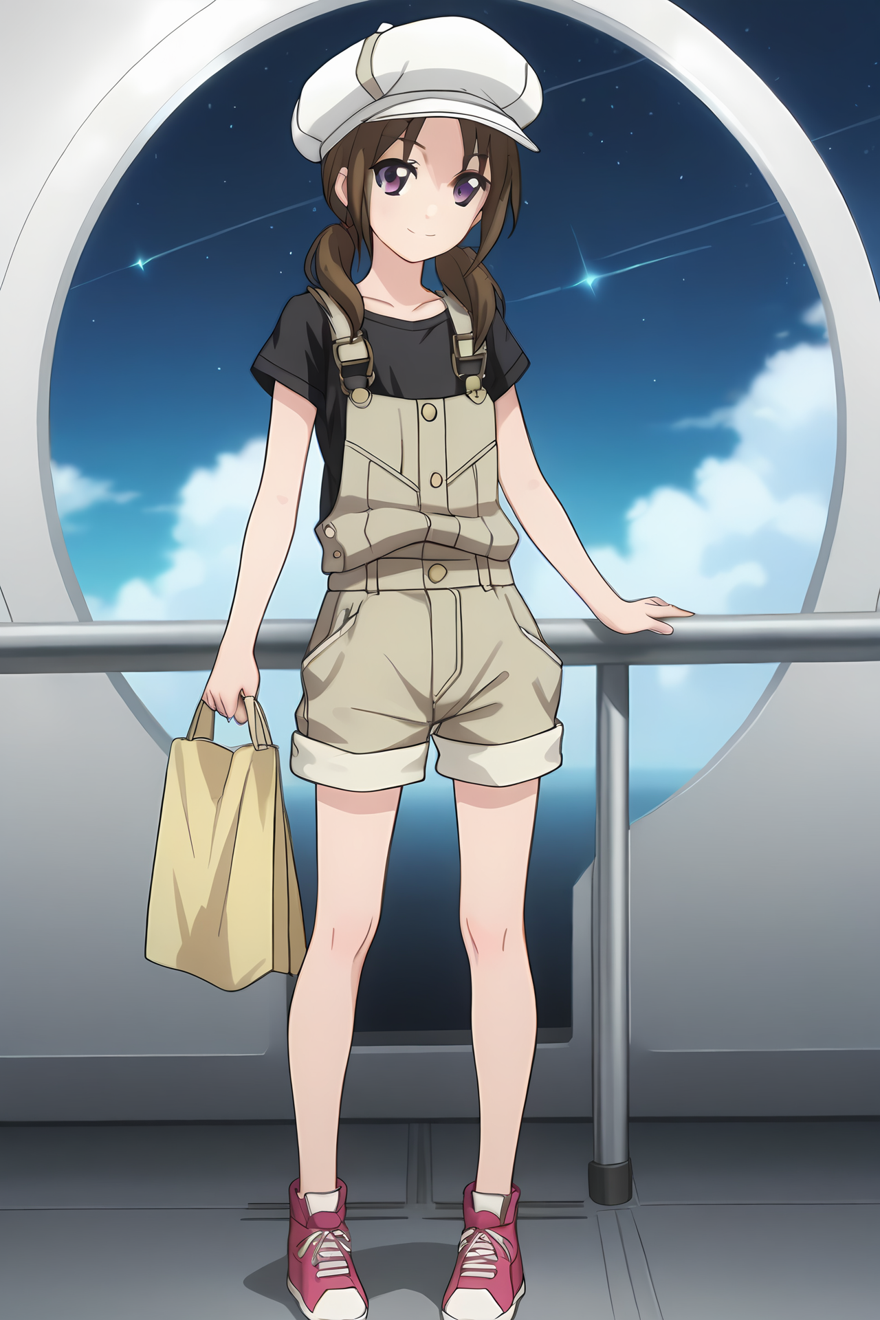(short overalls black shirt:1.50), cpc-ichika, brown hair, short hair, low twintails, parted bangs, purple eyes,
1girl, solo, skinny, (source_anime, score_9, score_8_up, score_8, score_7_up), score_7, score_6_up, score_6, score_5_up, score_5, 
(light smile:1.40),
(space:1.10),
(full body:1.40), (:1.20),
cabbie hat, 
small breasts
<lora:cpc-ichika-V02-000004:0.80>