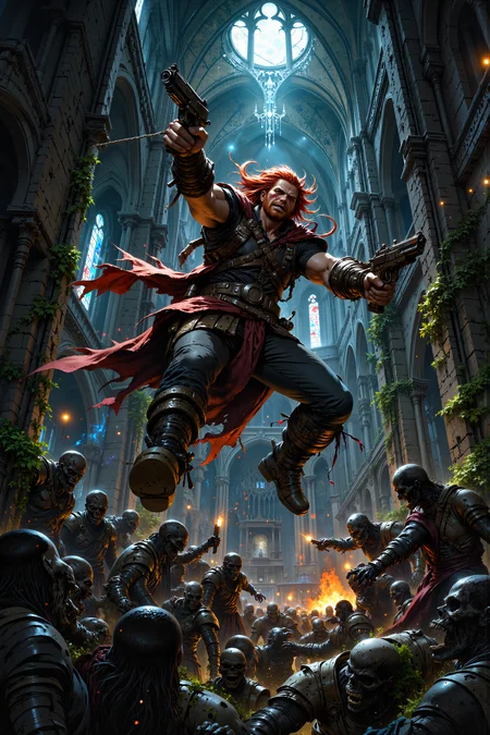 In a derelict cathedral overrun by nature, a rogue with long, ragged red hair and a scar running across his cheek hangs from a broken chandelier, firing a pistol down at the undead that swarm below. His clothing is tattered and patched, a mix of leather and steel plates scavenged from a world in ruins, and his breath comes in sharp, determined gasps as he swings from his precarious position. The cathedral itself, once a place of reverence, is now a decaying monument to a forgotten time, its stained-glass windows shattered, letting in beams of moonlight that illuminate the overgrown pews and altar. The zombies, slow and mindless, claw at the crumbling stone walls, their moans echoing through the vaulted ceiling as they try to reach him. Vines creep up the pillars, and the scent of damp earth fills the air, blending with the stench of decay. Above him, the moon hangs low in the sky, casting an ethereal glow on the scene, while distant howls suggest that more dangers are on the way. His fingers tighten on the trigger, each shot carefully aimed as he tries to clear a path to the shattered stained-glass window, his only escape route. The scene is filled with tension and fast-paced action, a desperate battle in a world where survival is a fleeting hope.<lora:MysticFantasy>