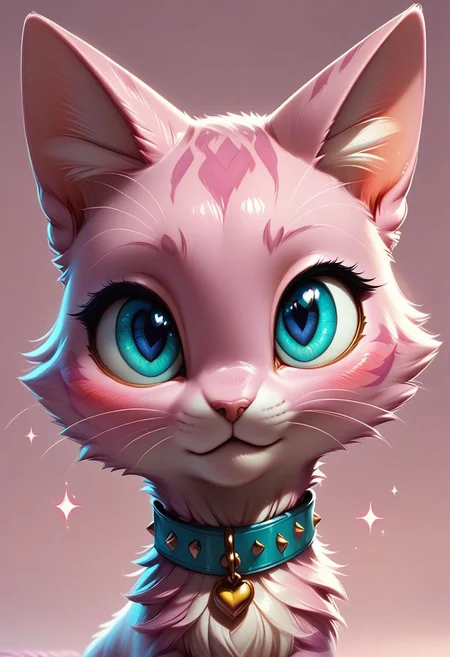 score_9, score_8_up, score_8,
cat, solo, looking at viewer, blush, blue eyes, simple background, heart, collar, gradient, gradient background, no humans, sparkle, animal, pink background, animal focus,