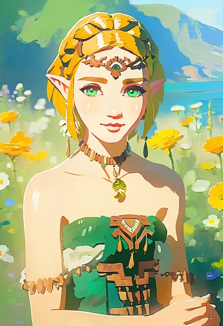 (oil painting)(,abstract, brush strokes, wet paint) style of a green eyes girl like totkzelda wearing bare shoulder zonai dress Sitting in the middle of the flowers,short blond hair,solo,<lora:xl_totkz:0.9>,
detailed background, sunny day,smiling,traditional media,dripping, dirty,golden composition