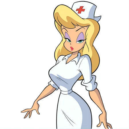 (masterpiece), (best quality), (ultra-detailed), amazing quality, very aesthetic, illustration, perfect composition, intricate details, absurdres, incredibly absurdres,, <lora:hellonurse_illustrious:1>, cel shaded, screencap, retro style, 1girl, solo, breasts, looking at viewer, skirt, simple background, nurse clothing, white background, standing, white shirt, collared shirt, makeup, half-closed eyes, white skirt, sleeves rolled up, sleeves pushed up, purple eyeshadow, blonde hair, teal eyes, eyeshadow, nurse cap, lipstick, hellonurse