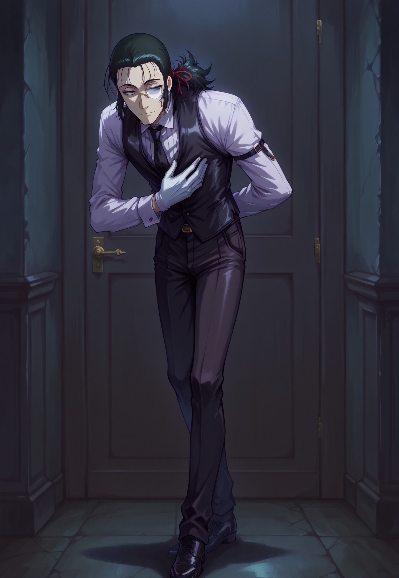 masterpiece, best quality, absurdres, safe
1boy, male focus, butler bowing
<lora:butler_bowing_il_d16:1>,
DarkWalter, blue eyes, dark black hair, back slicked ponytail, red hair ribbon, monocle, monocle over left eye, black tie, black vest, white shirt, black pants, black shoes, white gloves, old english interior design