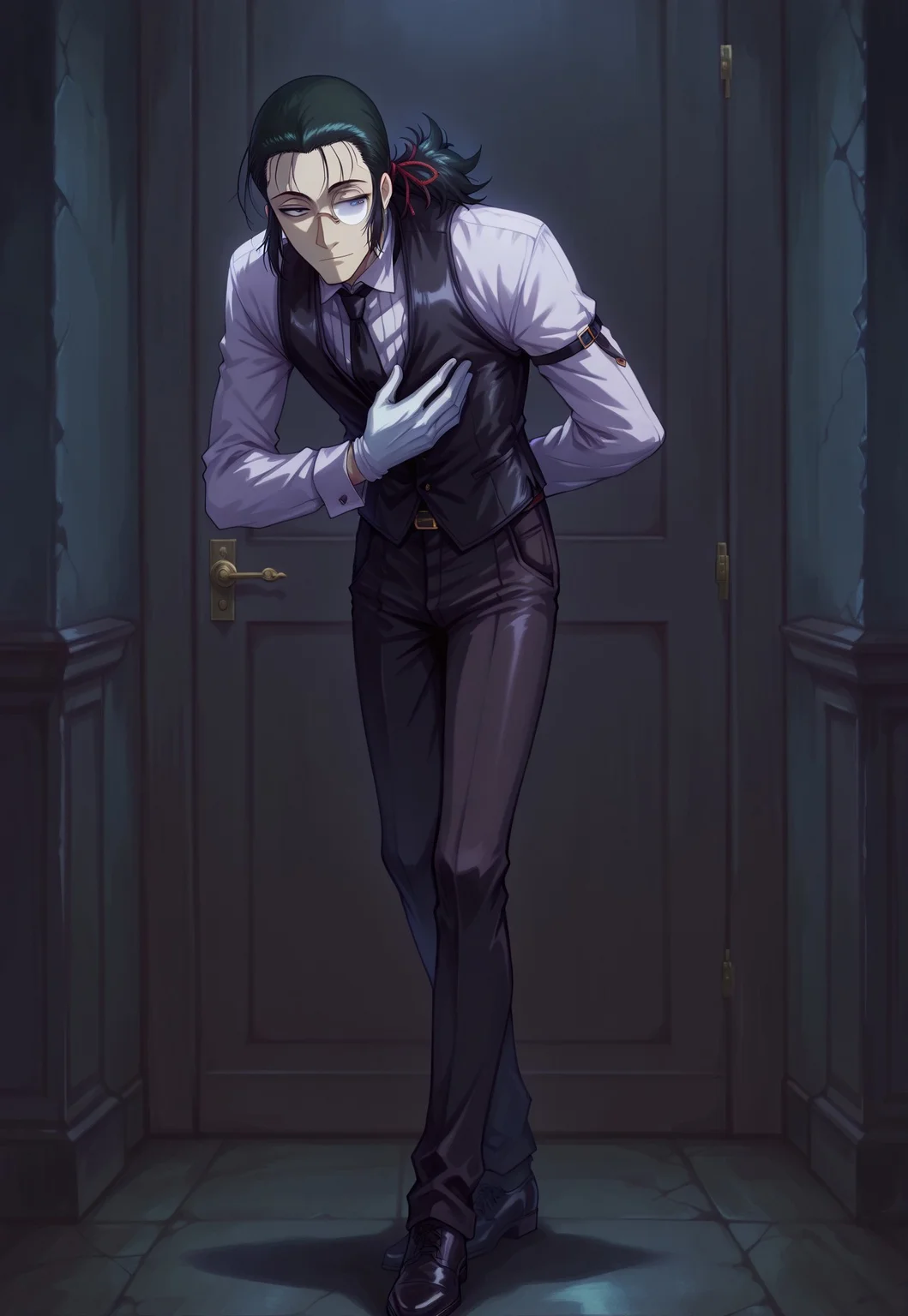 masterpiece, best quality, absurdres, safe
1boy, male focus, butler bowing
<lora:butler_bowing_il_d16:1>,
DarkWalter, blue eyes, dark black hair, back slicked ponytail, red hair ribbon, monocle, monocle over left eye, black tie, black vest, white shirt, black pants, black shoes, white gloves, old english interior design