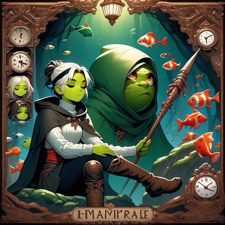 bddstyle, clock, pleated skirt, knee boots, closed eyes, artist name, polearm, ribbed sweater, sash, fish, looking up, crossed legs, half updo, green skin, black pants, faceless, multicolored hair, orange eyes, headband, lantern, nature, vampire, tail, eyeshadow, turtleneck, white cloak, hooded cloak