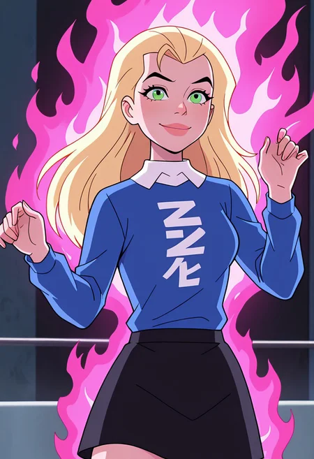 masterpiece, best quality, amazing quality, very aesthetic, absurdres, newest, ((parody, cartoon, screencap))
eunice, 1girl, long hair, blonde hair, lips, , eye liner, 
smile, expressive, facial expression, green eyes, 
blue jumper, white collar, long sleeves, black skirt, pink powers, pink fire,  dynamic pose,