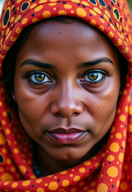 A breathtaking work of fine art photography, inspired by the iconic style of Steve McCurry, portrays a powerful portrait of a young Somali woman with striking green eyes. This cultural snapshot captures the essence and humanity of its subject through emotive imagery that transcends mere documentation. Rich colors burst from every corner of the frame, as if harkening to the vivid textiles and warm tones typical of the region's culture. The image was captured on analog film, imbuing it with a natural grain reminiscent of Kodachrome film stock. Intricate details abound in this masterpiece a from the delicate patterns adorning the woman's traditional headdress to the subtle wrinkles around her eyes that speak volumes about her life and experiences. The image is insanely detailed, yet maintains an organic feel through its use of natural lighting and expert compositional techniques, evoking a sense of intimacy and connection with the subject. This award-winning photography showcases the power of film as a medium for capturing not just images, but moments steeped in emotion and human storytelling.