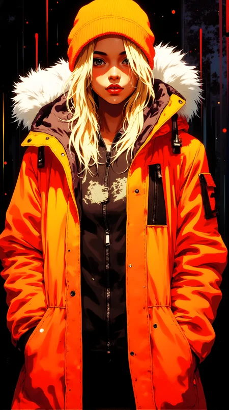 The image is a vibrant and detailed illustration of a person wearing an eye-catching orange parka with a fur-lined hood. The parka features multiple zippers and pockets, adding to its functional and stylish design. The individual has long, wavy blonde hair that cascades over the shoulders, partially visible beneath the hood. They are also wearing an orange beanie that matches the color of the parka, creating a cohesive and bold look. The background is dark with abstract, vertical streaks of color, which contrasts sharply with the bright orange of the clothing, making the subject stand out prominently. The overall style of the illustration is modern and dynamic, with a focus on fashion and urban aesthetics.
j_art, anime, anime art, <lora:FLUX\jul\J_Anime:1.0>, <lora:FLUX\Anime Art V3:0.1>, <lora:FLUX\RM_Artistify_v1.0M:0.1>, <lora:FLUX\RetroAnimeS1.1:0.1>