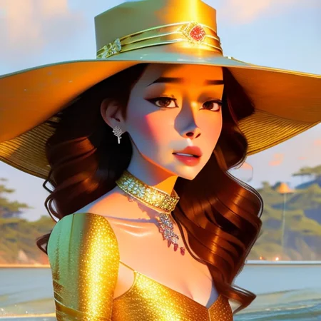 samdoesarts, a woman with red hair wearing a yellow hat and gold jewelry and a yellow dress and gold earrings, 1girl, artist name, brown eyes, choker, earrings, hat, jewelry, lips, long hair, looking at viewer, parted lips, solo, sun hat, wavy hair
