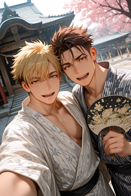 mitsuhiro and akagi-gay couple focus, black-blonde_Mitsuhiro_hair and brown_Akagi_hair, male focus, duo, looking at viewer, smiling, open mouth, selfie, holding fan, japanese clothes, yukata, alternate costume, blurry background, outdoors, cherry blossom, shrine, architecture, dynamic angle, dynamic action, cinematic, symbol, surreal, foreshortening, masterpiece, best quality, amazing quality, very aesthetic, absurdres, newest, very awa