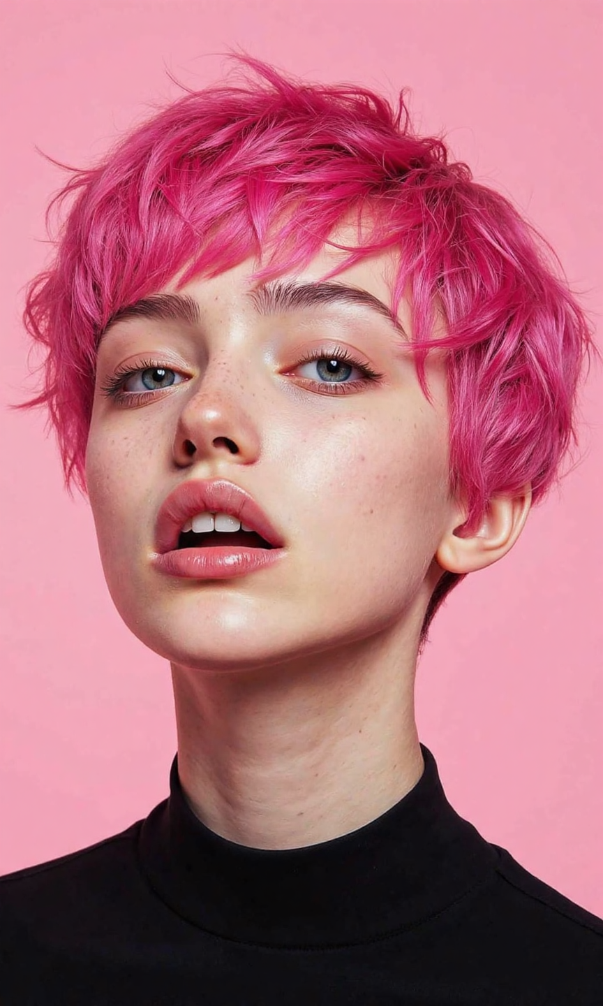 Portrait photograph of a young woman with short pink hair, captured with a Canon EOS R6 camera and a 85mm f/1.4 lens. Set the aperture to f/2.0 for a shallow depth of field, blurring the plain pink background to emphasize the subject. The composition is a centered, medium close-up, similar to the original image. Adjust the shutter speed to 1/160 to ensure sharpness. Set the white balance to daylight for natural, slightly warm tones.  Use soft, even studio lighting, similar to window light, to illuminate her face evenly, showcasing her features and the texture of her pink hair. The woman is wearing a simple black top, as in the original image. Focus on capturing natural skin tones and the vibrant pink of her hair accurately., <lora:FLUX-daubrez-DB4RZ-v2:0.35> DB4RZ, DB4RZ style painting
<lora:Laura H. Rubin:0.35> By Laura H. Rubin
<lora:aidmaMJ6.1_v0.5_3:0.35> aidmamj6.1, aidmamj6