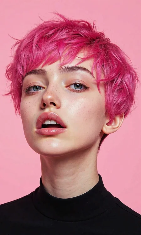 Portrait photograph of a young woman with short pink hair, captured with a Canon EOS R6 camera and a 85mm f/1.4 lens. Set the aperture to f/2.0 for a shallow depth of field, blurring the plain pink background to emphasize the subject. The composition is a centered, medium close-up, similar to the original image. Adjust the shutter speed to 1/160 to ensure sharpness. Set the white balance to daylight for natural, slightly warm tones. Use soft, even studio lighting, similar to window light, to illuminate her face evenly, showcasing her features and the texture of her pink hair. The woman is wearing a simple black top, as in the original image. Focus on capturing natural skin tones and the vibrant pink of her hair accurately., <lora:FLUX-daubrez-DB4RZ-v2:0.35> DB4RZ, DB4RZ style painting
<lora:Laura H. Rubin:0.35> By Laura H. Rubin
<lora:aidmaMJ6.1_v0.5_3:0.35> aidmamj6.1, aidmamj6