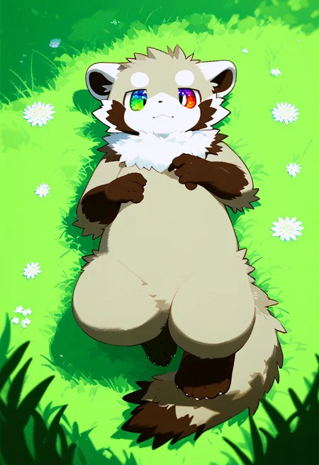 zuppu11, full body, solo, furry, score_9, score_8_up, look at viewer, male focus, raibow eyes, rainbow eyes, no humans, fractal iris, furry male, ferret lying on grass, Fixhand